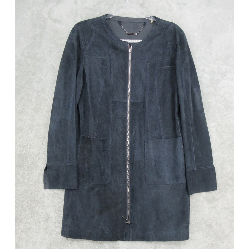 Elie Tahari Jacket Womens Size M Navy Blue Suede Leather Full Zip Pockets Office